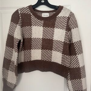 Pink Rose Brown & Cream Check Plaid Crewneck Sweater